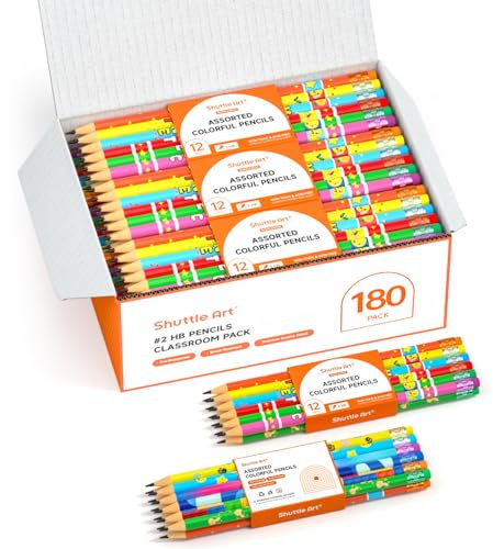 Shuttle Art HB Bleistifte mit Radiergummi, 180 Stück vorgespitzte Bleistifte mit 12 bunten Designs, Graphitstifte in Großverpackung, Jumbo Bleistift Kinder zum Schreiben, Zeichnen und Skizzieren
