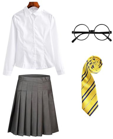 FStory&Winyee Zauberer Set Bluse Rock Weste Krawatte Brille Kostüm Zubehör für Kinder Erwachsene Zubehör Set Striped Tie Gestreifte Krawatte zum Karneval Fasching Halloween,Weiblich-gelb,XXL