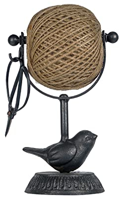SOFFEE DESIGN Gusseisen-Jute-Schnur mit Scherenhalter-Set, Vintage-Stil, für Garten, Bauernhaus, Küche, natürliche Jute-Schnur und Seil-Gestell und Schere, Vogel-Deko