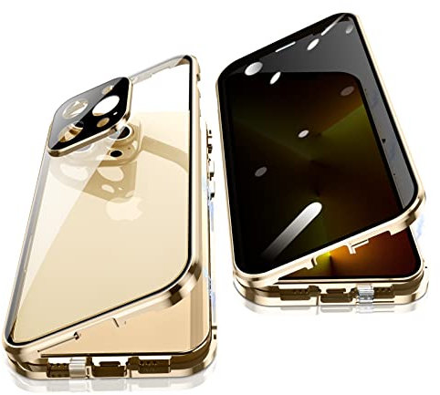 Jonwelsy Anti Peeping Case for iPhone 13 Pro (6.1), 360 Degree Front and Back Privacy Tempered Glass Cover, Anti SPY Screen, Anti Peep Magnetic Adsorption Metal Bumper for iPhone 13 Pro (Gold)