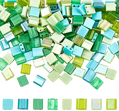 nbeads 240 Stück 8 Arten Rocailles Perlen, 2-Loch Glas Tila Perlen Pony Perlen Rechteck Lose Perlen Für Schmuck Design Halskette Armband Ohrring Herstellung, Hellgrün
