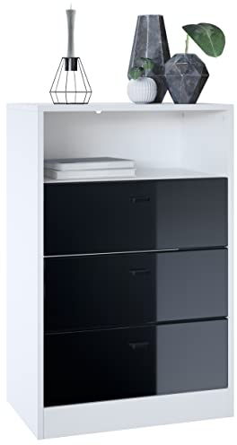 Vladon Kommode Pino V2, Made in Germany, Anrichte mit 3 Schubladen & 1 offenem Fach, Weiß matt/Schwarz Hochglanz (56 x 86,5 x 36 cm)