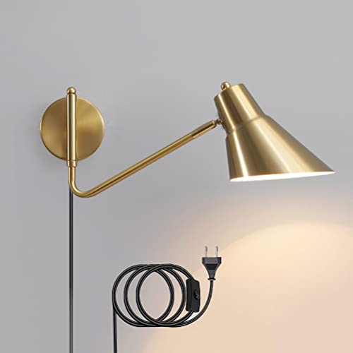 Retro Wandleuchte mit Stecker und Schalter, Langer Arm Bettlampe Wandlampe Verstellbar Wand-Leselampen mit 1,8 m Kabel, Innen E27 Leuchte für Schlafzimmer Wohnzimmer Badezimmer,Gold