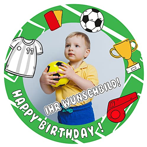 J&M DECO Personalisiert Tortenaufleger Fußball – essbares Tortenbild mit eigenem Foto – Ø 20 cm Kuchendekoration aus Zuckerpapier – individuelle Tortendeko für Fußballfans, Geburtstag, Fußballparty