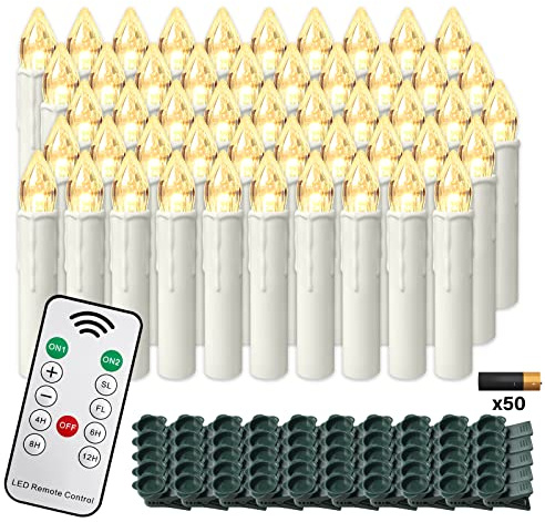 NAIZY LED Kerzen 50er Weihnachtskerzen Kabellos Warmweiß Weihnachtscandle mit timerfunktioner Fernbedienung Weinachten Kerzen IP44 LED Candle mit Clip, für Feste Deko Hochzeit Party, mit Batterie