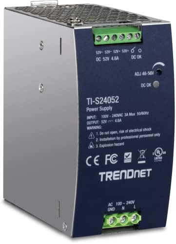 TRENDnet 240W 52V DC, 4.61A AC to DC DIN-Rail Industrial Power Supply, Built-In Power Factor Controller Function, Extreme Operating Temperature Range -25° – 70° C (-13° – 158° F), Silver, TI-S24052