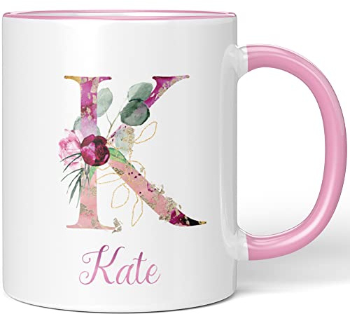 JUNIWORDS Tasse, Kate, Name Anfangsbuchstabe Initial Alphabet Floral Buchstabe K Monogramm Motiv, Rosa (5518082)