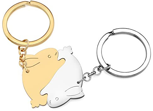 BAMAY Acier Inoxydable Porte clés Couple Lapin Porte-clés Lièvre Lapins Cadeaux de Pâques Saint Valentin pour Femmes Filles Décorations (Plaqué Argent + Plaqué Or)