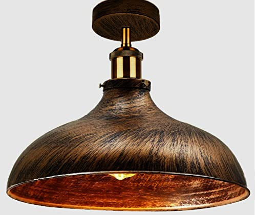 LEDSone Industrial Ceiling Light Semi Flush Mount Fixture Metal Dome Shade Copper Ceiling Pendant Light Fitting for Restaurants Offices Livingroom Kitchen