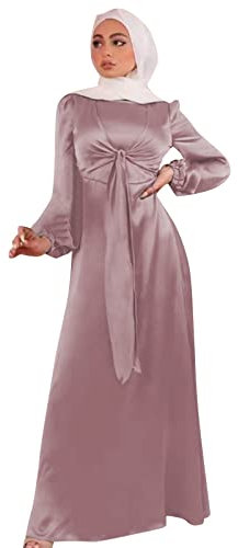 Vestido de satén musulmán para mujer, suave y elegante, vestido largo sólido, suelto, largo, casual, elegante, suave, vestido elegante, Lila-2, L