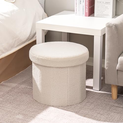 Bonlife White Boucle Ottoman with Storage,Foldable Footstool for living room,Toy Chest,Storage Seat Teddy Round Shape Footrest,38X38X33.5cm