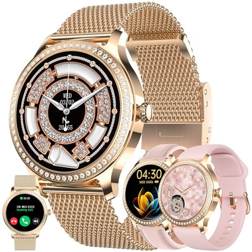 Montre Connectée Femme avec Appel Bluetooth, 3 Bracelets, 1.28 HD Smartwatch avec Diamond/Cardiofrequencemetre/Sommeil/Fonction Féminine, 110+ Sportifs, IP68 Smart Watch pour Android iOS (Or)