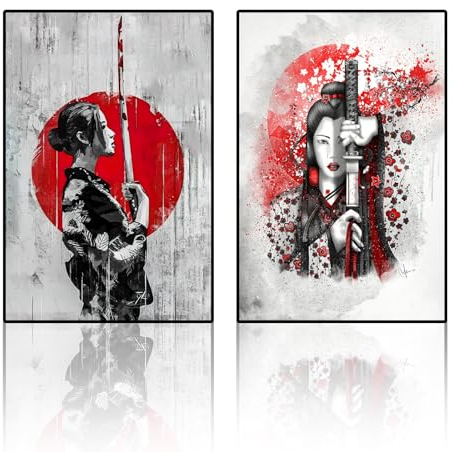VTRXEG Japanische Samurai Bilder,Japanische Frau Samurai Portrait Poster, Für Wohnzimmer Schlafzimmer Dekorative Poster Ungerahmt (A,2x40x60cm)