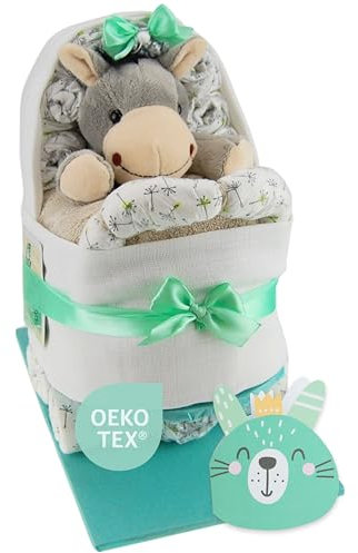 Windeltorte ® Kinderwagen mit Kuscheltier - Plüschtier - Geschenk zur Geburt - Babyparty - Baby - Babyshower - Pullerparty (Mint)