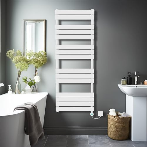 NRG 1600 x 600mm Gloss White Flat Panel Towel Rail Radiator and LCD Element | Central Heating Warmer Wall Mounted Ladder Rad, Low Carbon Steel, LCD Thermostatic Element, T-Piece, No WiFi, No Valves