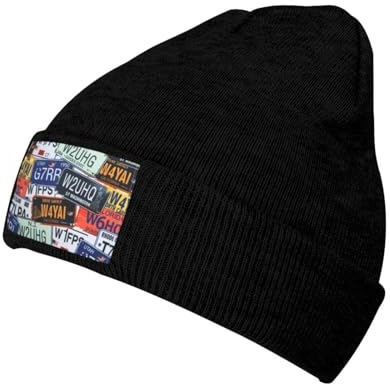 LAMAME Nummernschild gedruckt gestrickte Fleece Kappe Modische krempenlose Kappe Warme Mützen, Schwarz , 5-8