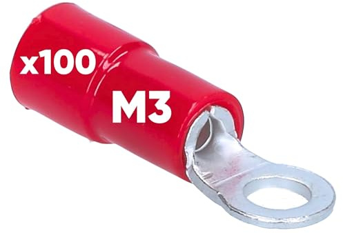 Kalitec 100x Ringkabelschuh 0,5-1,5mm² - M3 Teilisoliert Rot - Kupfer | PVC Kragen Kabelverbinder zum Crimpen, Quetschkabelschuh fuer sichere Verbindung von Litzen, Kabelschuh Set fuer Montage