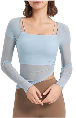 AMhomely Womens Gym Top With Built In Bra Ladies Gym Workout Tops Long Sleeve Square Neck Tunic Tops Fake Two Piece Mesh Pullover Tops Shirts Plain Basic Layers Tees Shirts Clearance Sky Blue M