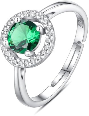 INFUSEU Geburtsstein Ring, 925 Sterling Silber Geburtsstein Smaragd Ringe für Damen August Personalisierbar Verstellbar Offene Bänder Zirkonia Ringe Geschenke für Frauen Mädchen