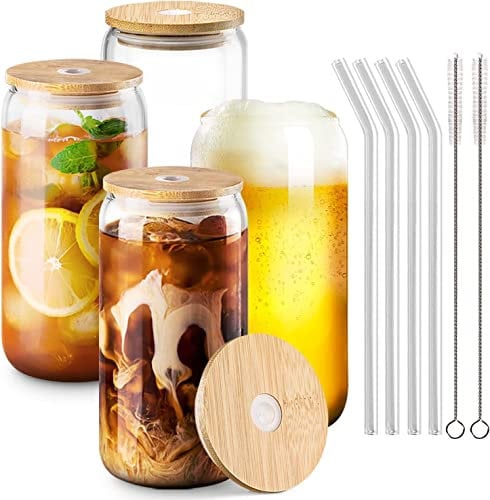 MEETOZ Finew Glasbecher mit Bambusdeckel und Glasstrohhalmen, wiederverwendbar, Dosenform, für Smoothies, Bier, Cola, Saft, Limonade, 4 Stück