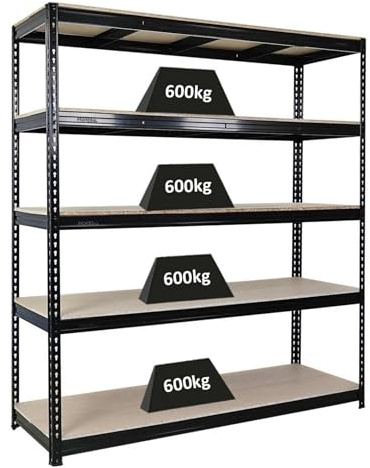 PROREGAL Profi Schwerlastregal Bison, HxBxT 200x200x60cm mit Fachlast 600kg, 5 Fachböden, Schwarz, Steckregal Garagenregal Lagerregal Werkstattregal Weitspannregal