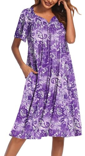 Ekouaer Chemise de Nuit Femme Grande Taille Manches Courtes Robe Grande Taille Imprimée Ample Grande Poche, Violet, S