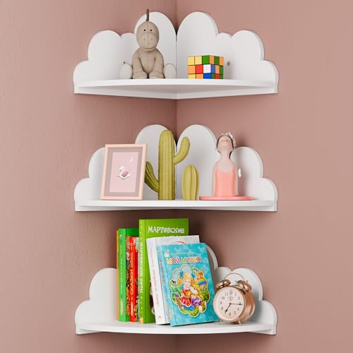 Beskadi Cloud Floating Corner Shelves - Set of 3 for Kid's Room, White Nursery Wall Decor, Small Cute Display Shelf Mounted for Toys, Plants & Storage