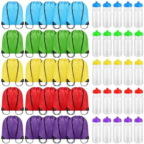 Mifoci 50 Pcs/ 25 Sets 20 oz Reusable Water Bottles Bulk and Drawstring Backpack Set Plastic Sport Water Bottle Squeeze Lightweight Clear Water Bottle Gym Drawstring Bags for Adult Kids Fitness