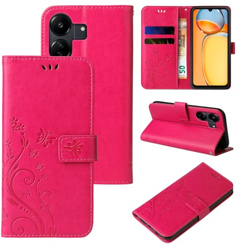 LBH Handy Hülle für Xiaomi Redmi 13C Case Handytasche Schmetterling Blumen Flower Standfunktion Schutzhülle Magnet Rundum Schutz 360 Grad Flipcase Cover Pink