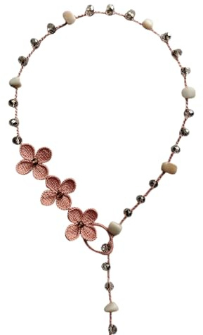 collier long fleurs de hortensia, collier aux perles en nacre y en verre, rose, collier textile/au crochet, collier long/lariat, artisanat italien, made in Italy