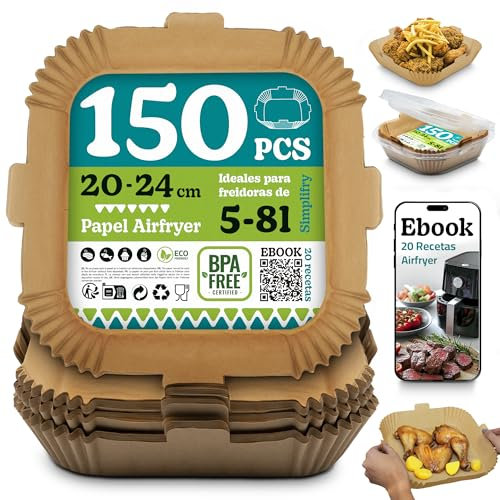 Simplifry® | 150pcs Papel Freidora Aire 5-8L | Papel Air Fryer Cuadrado 20-24cm | Con Asas Antiquemaduras, Desechable, Antiadherente | Bandeja Horno Freidora Aire | Accesorios Airfryer | Sin Tóxicos