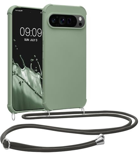 kwmobile Custodia Compatibile con Google Pixel 9 / Pixel 9 Pro Cover - Back Case in Silicone TPU - Protezione Smartphone con Cordino - verde grigio