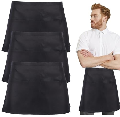UILYNIU Pack of 3 Waist Aprons,Waiter's Aprons,60 x 30 cm, Half Apron,Unisex Waiter's Apron with 3 Pockets，Short Cooking Apron for Cook,for Cafe, Kitchen, Restaurant, Bar,Gardening (Schwarz)
