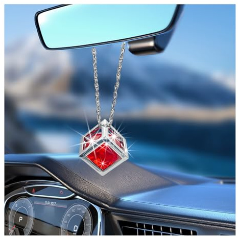 Yourkar Bling Auto Rückspiegel Charms, Funkelnde Strass Automotive Cube Hängende Ornament, Diamant Würfel Rückspiegel Charms für die meisten Fahrzeuge, Universal Auto Zubehör (Rot)