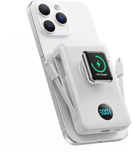 Magnetic Power Bank 10800mAh for iPhone with Built-in Cables, 6-in-1 Wireless Portable Charger with iWatch Charger, 25W PD Fast Charging Battery Pack for iPhone 16/15/14/13/12 (White, 10800mAh)