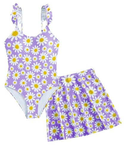 JiAmy Costume da bagno intero per ragazze con gonna a volant, costume da bagno estivo da spiaggia con margherita floreale costume da bagno per bambine da 8 a 13 anni, Viola, 11-12 Anni