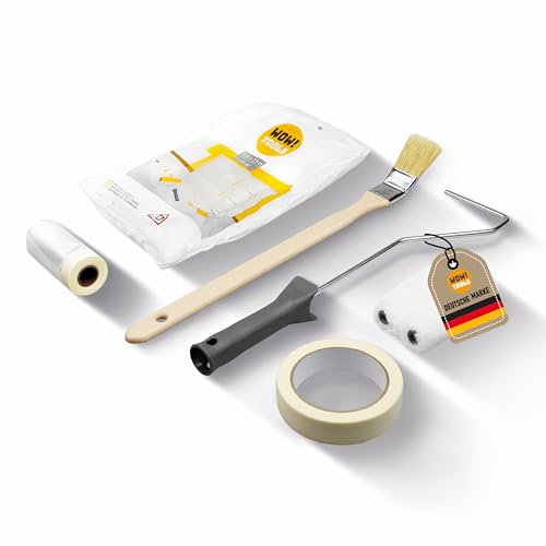 WOW!TOOLS Renovier-Set 7-teilig PLUS – Maler- und Abdeckset mit Abdeckfolie, Farbroller, Heizkörperpinsel und Malerband für Renovierungsarbeiten
