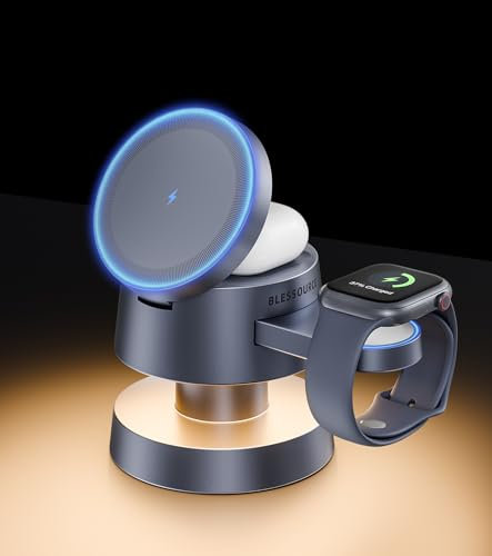 BLESSOURCE 4-in-1 Induktive Ladestation für iPhone 17/16/15/14 Pro Max, Wireless Charger Stand,Kabellose Ladegerät mit Nachtlicht zum schnellen Aufladen von für Apple Watch AirPods.
