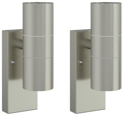 vidaXL Outdoor Wall Lights 2 pcs Silver 7 x 10 x 22 cm Stainless steel, Cylindrical Wall Sconce, Modern Outdoor Lighting, Water-Resistant Accent Light, Terrace Illumination, Architectural Fixture