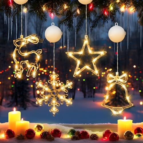 FLSEPAMB LED Sterne Fenster Weihnachtsbeleuchtung 4 Stück, Warme Lampen, Lichterkette Weihnachten mit Saugnapf, Fenster Lichter Deko für Weihnachten