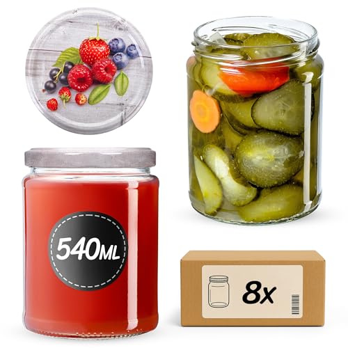 KADAX 8er Set Einmachgläser 540ml TO82 Raspberries, Pack of 8, Sturzgläser Mason Jar mit Schraubdeckel, Luftdichte Twist-off Gläser, Meal Prep, Overnight Oats, Sauerteig