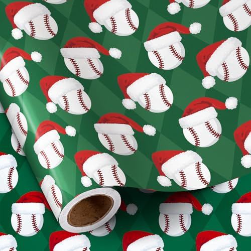 RUSPEPA Weihnachts-Baseball-Geschenkpapierrolle für Jungen, Mini-Rolle, Baseball mit Weihnachtsmannmütze, grünes Sport-Geschenkpapier für Fans, Weihnachtsfeier, Sportthema, 43,2cm x 5m