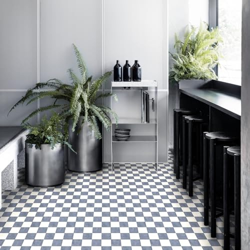 Alwayspon 30x30cmx10Stück Selbstklebender Bodenbelag Peel and Stick Vinyl Aufkleber, rutschfeste wasserdichte Vinyl Bodenfliesen Dekor für Küche Badezimmer Wohnzimmer, Weiß Blau Karo