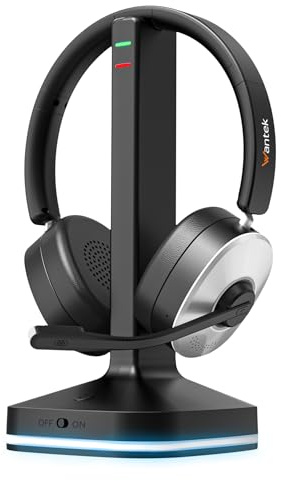 Wantek Cuffie wireless con microfono,Cuffie senza fili Bluetooth per PC | Microfono antirumor,USB Dongle & base di ricarica,55 ore di autonomia e tasto mute per Laptop,ufficio,Teams Zoom,Call Center