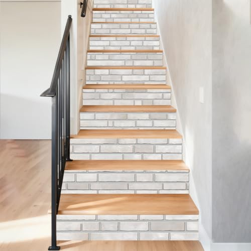 Hpbbspring 15 Stück Treppenaufkleber Realistische Weiße Ziegelwand Fliesen Aufkleber Schöne Selbstklebende Wasserdichte Treppendekoration Für Stufen Schlafzimmer Balkon Bars 100 x 18 cm
