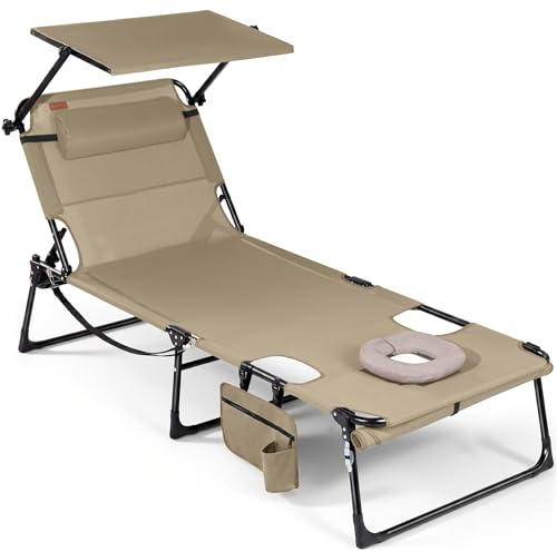 Homecall XXL Sonnenliege mit Gesichtsöffnung & Sonnendach, 200 x 70 cm Gartenliege für Bequeme Bauchlage, klappbarer Liegestuhl mit 4-Fach Verstellbarer Rückenlehne, bis 180 kg (1, Beige)