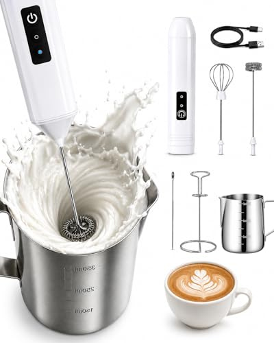 Electric Milk Frother Handheld, USB Rechargeable Frother Whisk with Stand and 350ml/12oz Milk Frother Jug, Coffee Whisk Set for Coffee, Hot Chocolate, Latte Art, Cappuccino and Espresso
