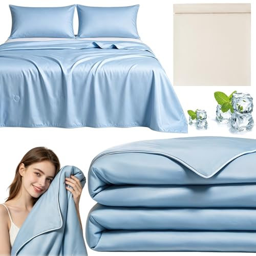 Anfaru Eisdecke - Magicsleep Decke Kühlende Eisdecke für Heiße Sommernächte | Magic Sleep Eisdecke, Aweich Hautfreundlich, Leicht Atmungsaktiv, Q-Max 0,3 für Kühl Erfrischend(Blau,150 x 200)