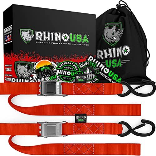 Rhino USA Motorrad Spanngurte mit Haken - 2er Pack - 1000kg Bruchfestigkeit - Stahl Schloss Spanngurt Set mit Schlaufen - Transportsicherung - Motorrad Transport - Rot