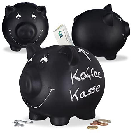 Relaxdays 3X Sparschwein, zum Beschriften, Keramik, Kreide, Hochzeit, Geburtstag, Taufe, Spardose, HxBxT: 14 x 17 x 13 cm, schwarz